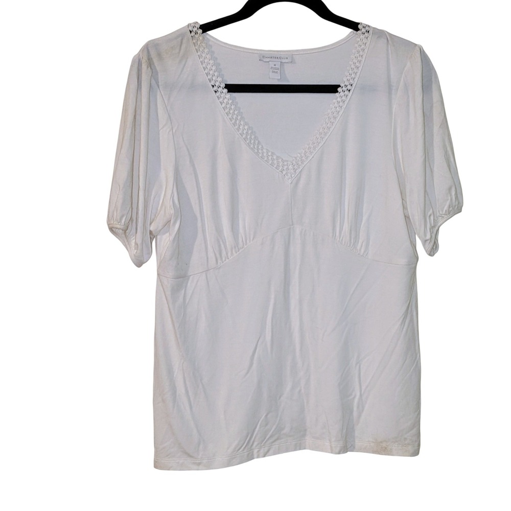 Charter Club White Crochet Trim V Neck Tunic Top Women's Size M NWT